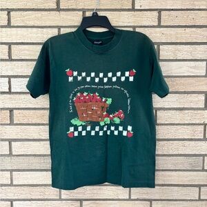 Vintage Fruit of the Loom Green Short Sleeve Tee with Checkered Teapot Design